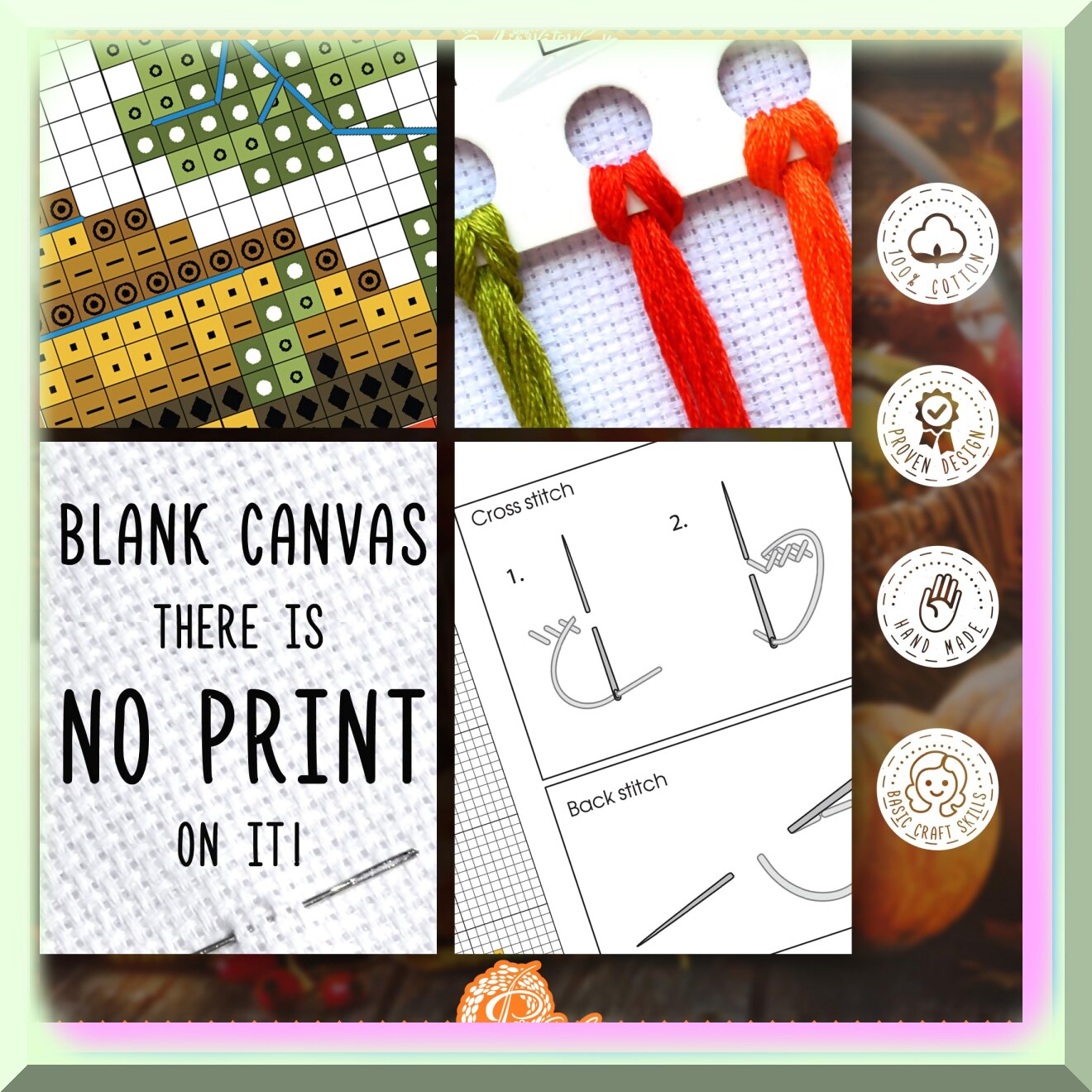 Thanksgiving Cross Stitch Kit with Pattern, Aida Fabric, Threads