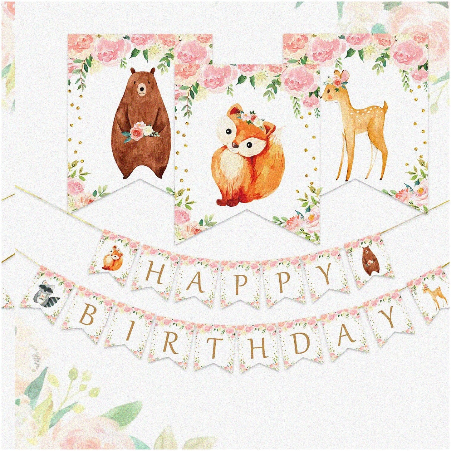 Woodland Animal Birthday Banner Pink Glitter for Girls Party