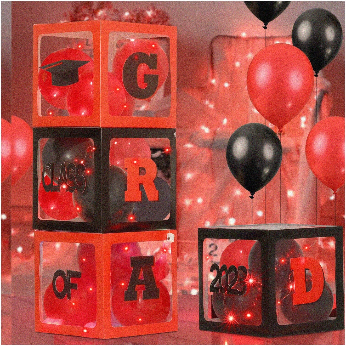 Graduation Celebration Kit with Black & Red Balloons and LED Lights