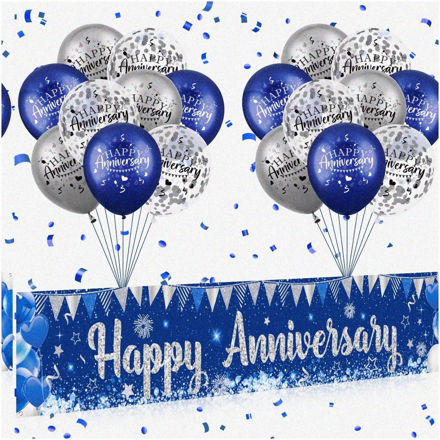 Silver Blue Anniversary Decorations Set with Banner and Balloons