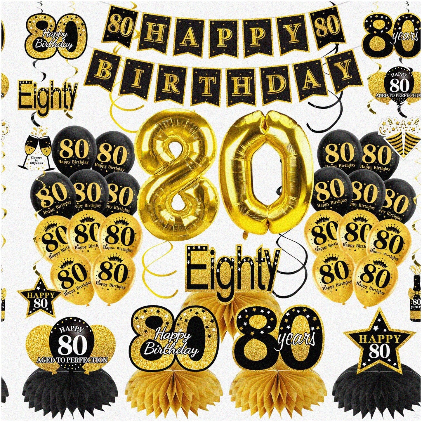 80th Birthday Celebration Decor Set with Banner Balloons Swirls