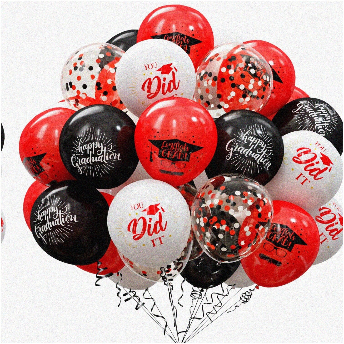 75 Black and Red Confetti Balloons with Ribbons, 12 Inch