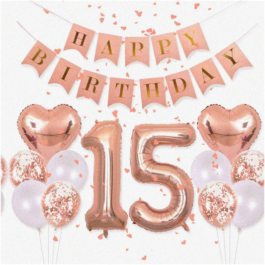 Rose Gold 15th Birthday Party Pack with Banner and Balloons