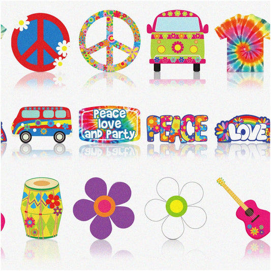 Tie Dye 60s Party Cutouts Set with Flowers and Peace Signs