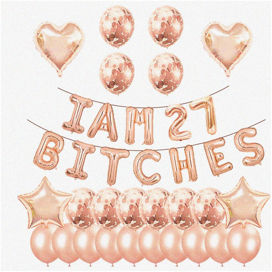27th Birthday Banner Set with Rose Gold Balloons