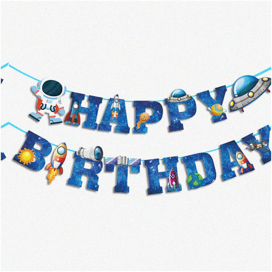 Galactic Space Ship Astronaut Birthday Banner Blue