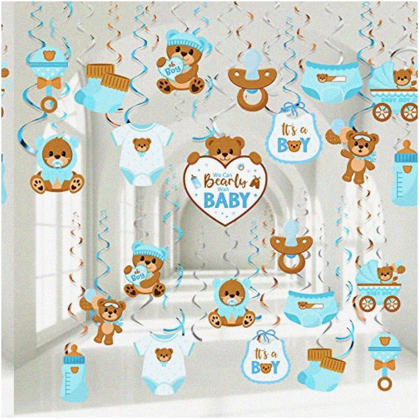 Bear Baby Shower Decor Kit 53 Pcs Hanging Swirls & Streamers