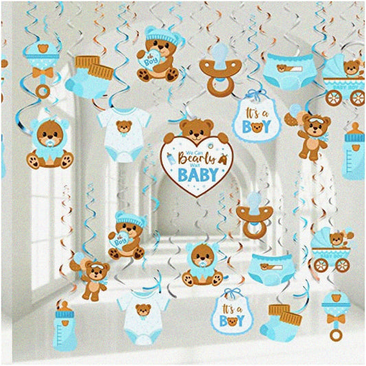 Bear Baby Shower Decor Kit 53 Pcs Hanging Swirls & Streamers