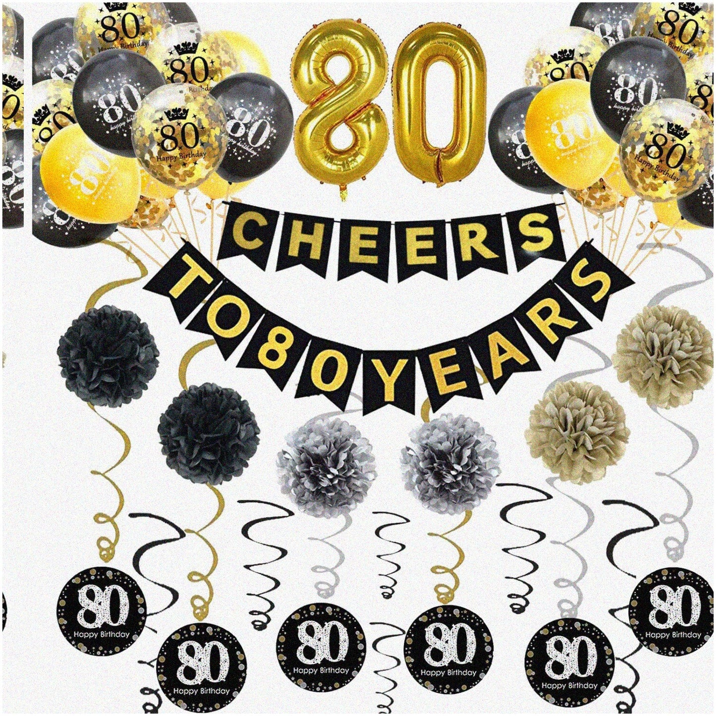 80th Birthday Celebration Set with Banner, Balloons, Pom Poms, and Sparklers
