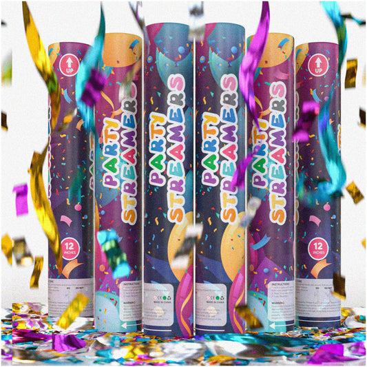 6 Pack Shiny Multicolor Streamer Confetti Cannons, 12in