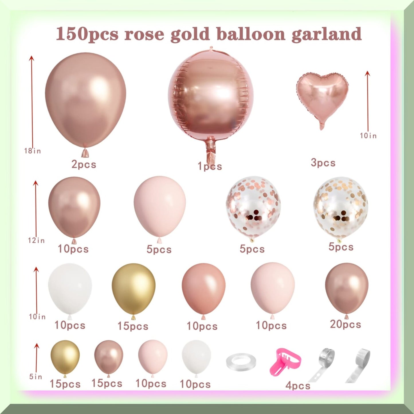 150pcs Rose Gold, Pink, White Gold Confetti Latex Balloon Garland Kit