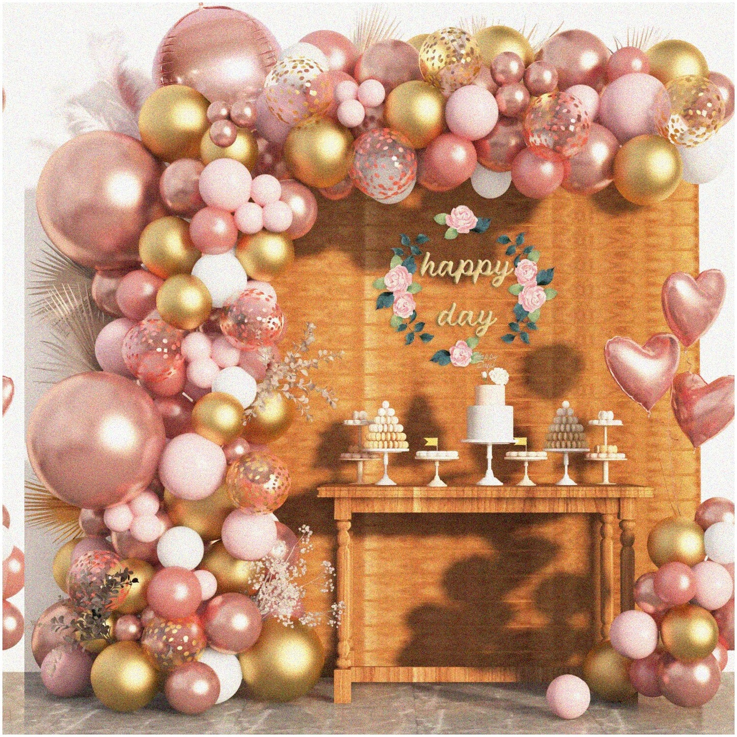150pcs Rose Gold, Pink, White Gold Confetti Latex Balloon Garland Kit