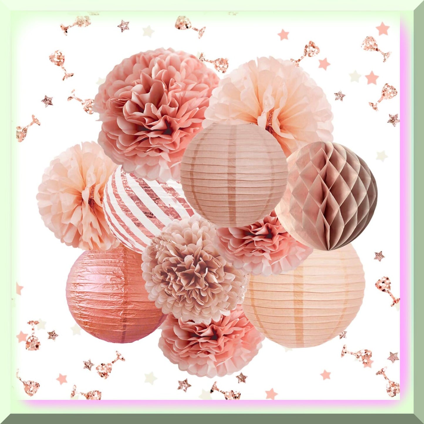 12PCS Rose Gold Party Decorations Set with Pom Poms Lanterns Confetti