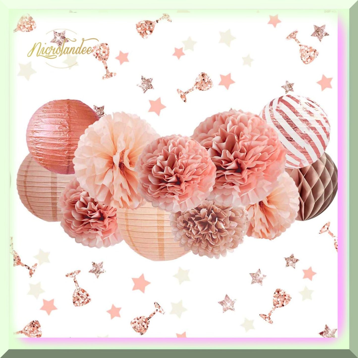 12PCS Rose Gold Party Decorations Set with Pom Poms Lanterns Confetti