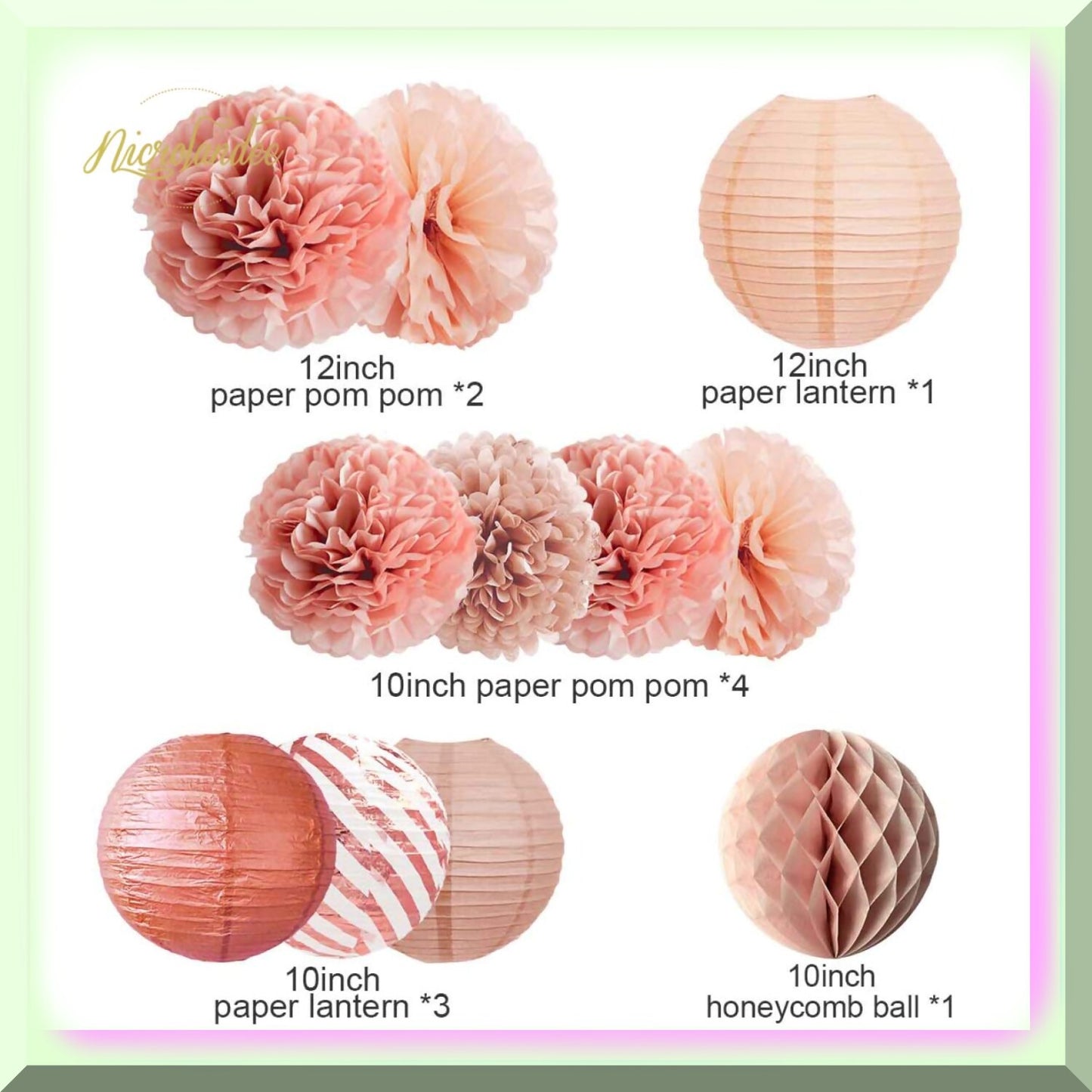 12PCS Rose Gold Party Decorations Set with Pom Poms Lanterns Confetti