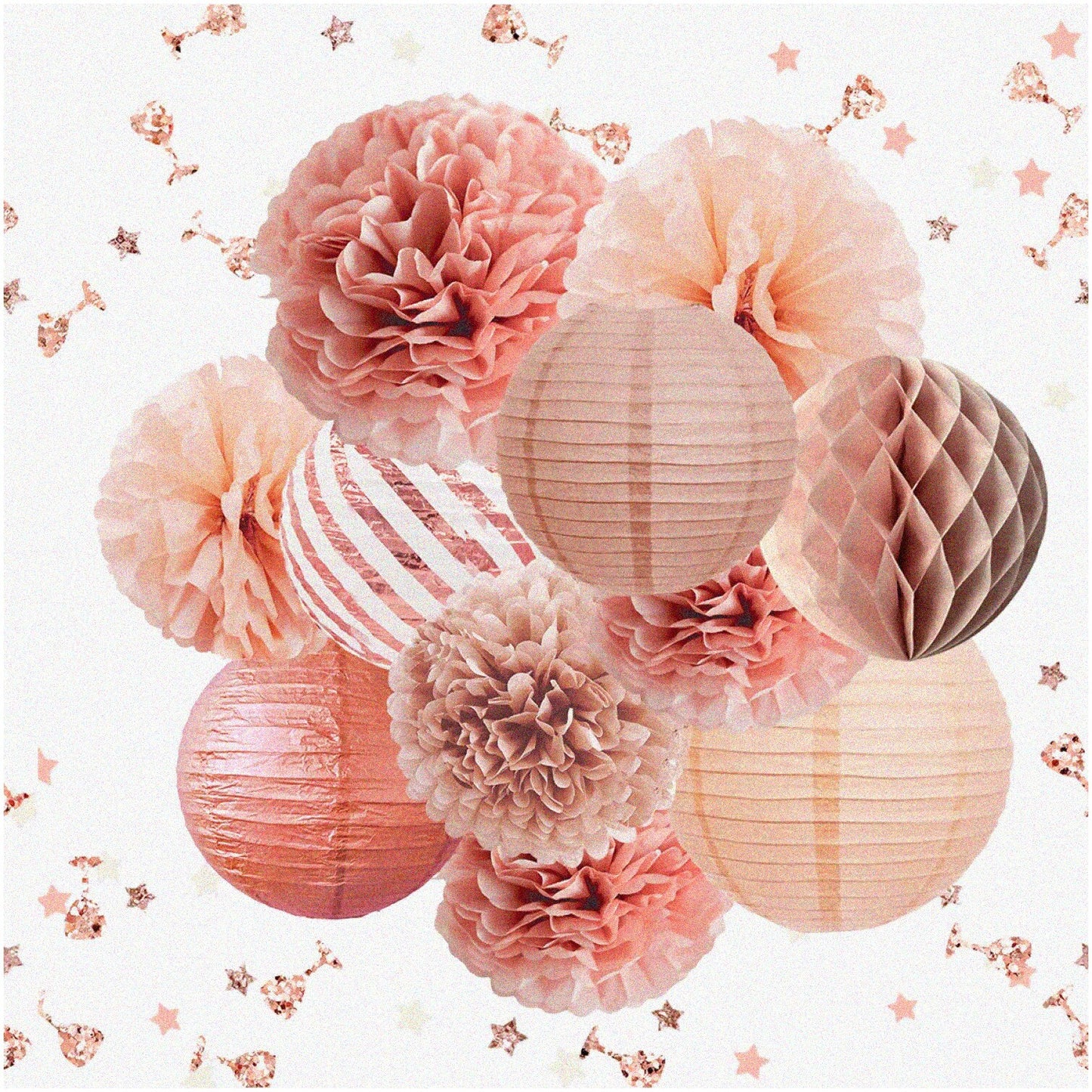 12PCS Rose Gold Party Decorations Set with Pom Poms Lanterns Confetti