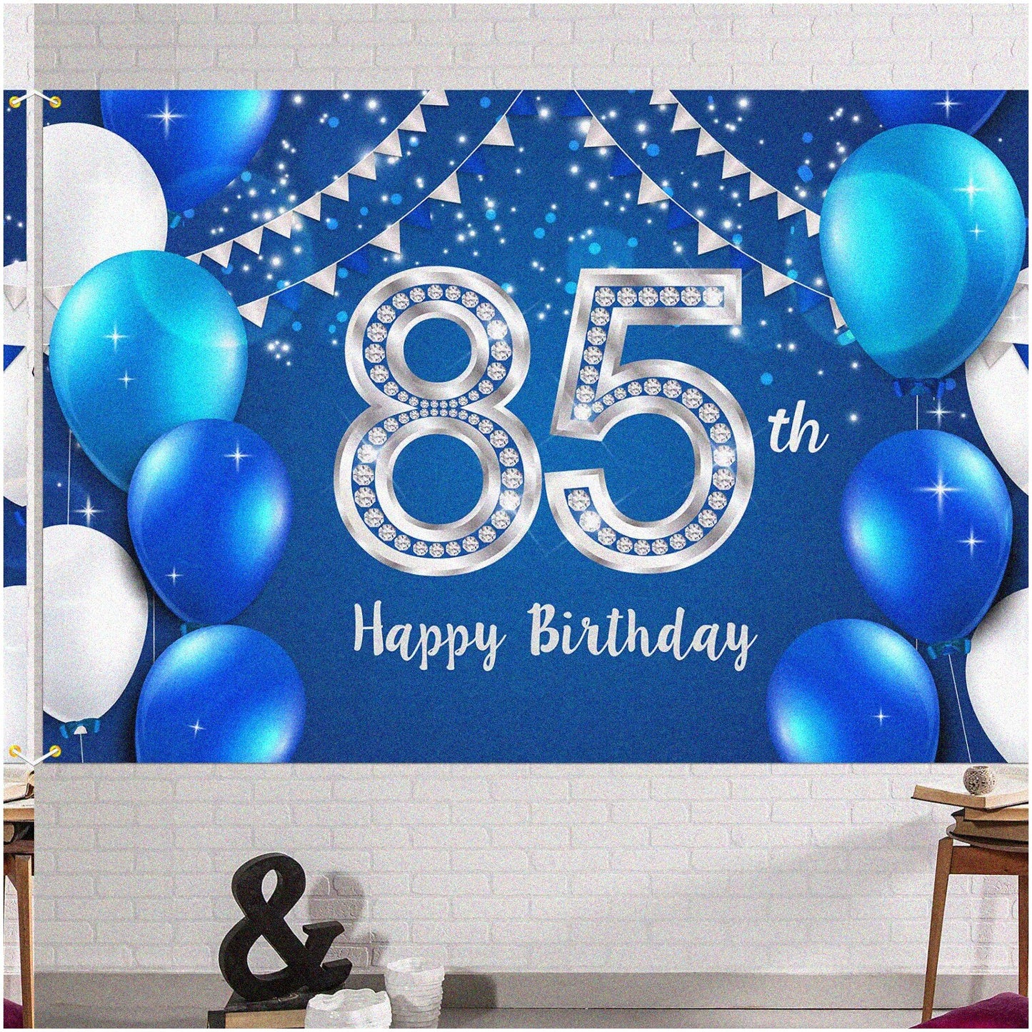 85th Birthday Celebration Backdrop 6x4ft Blue Silver