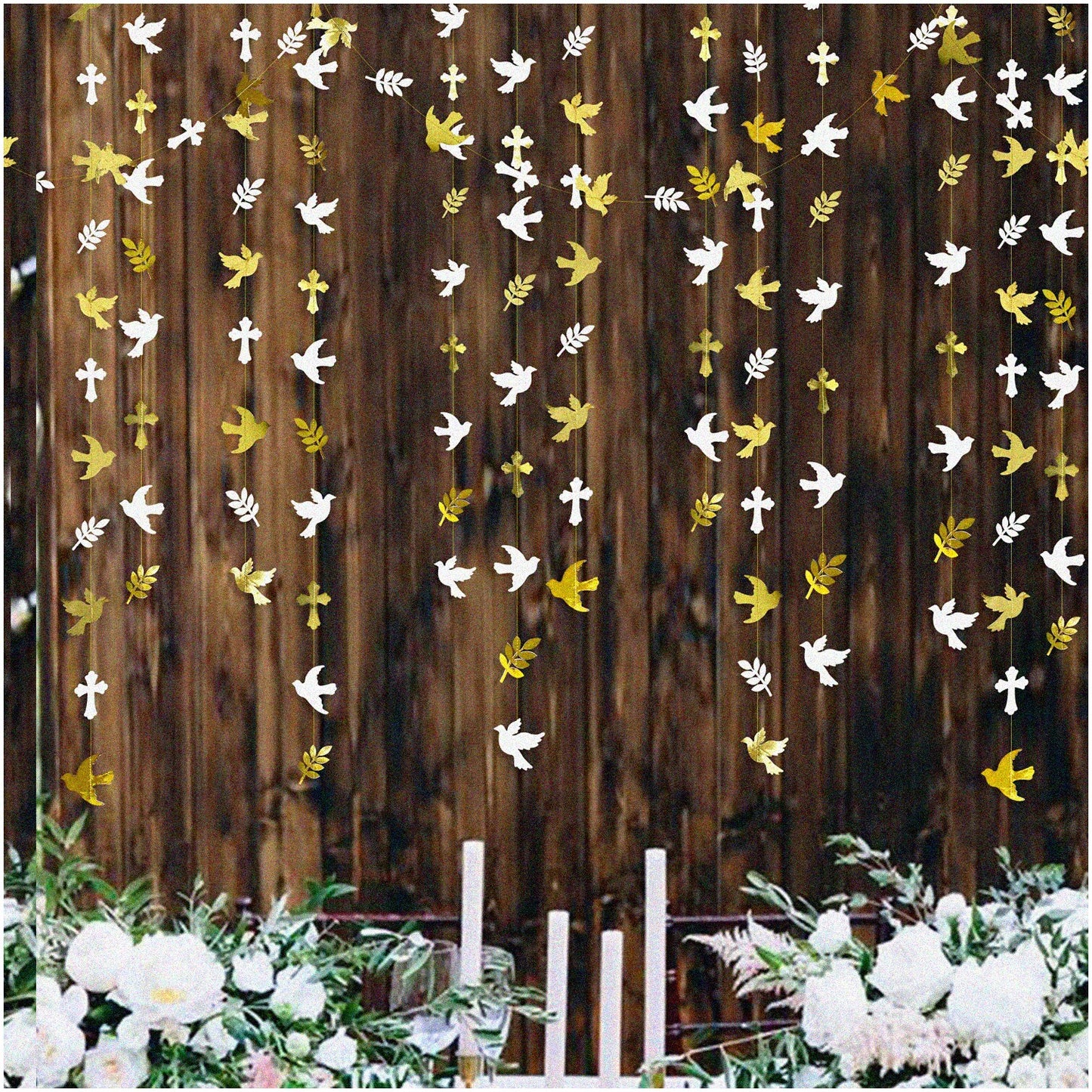 40Ft Olive Leaf Cross Garland with Peace Doves