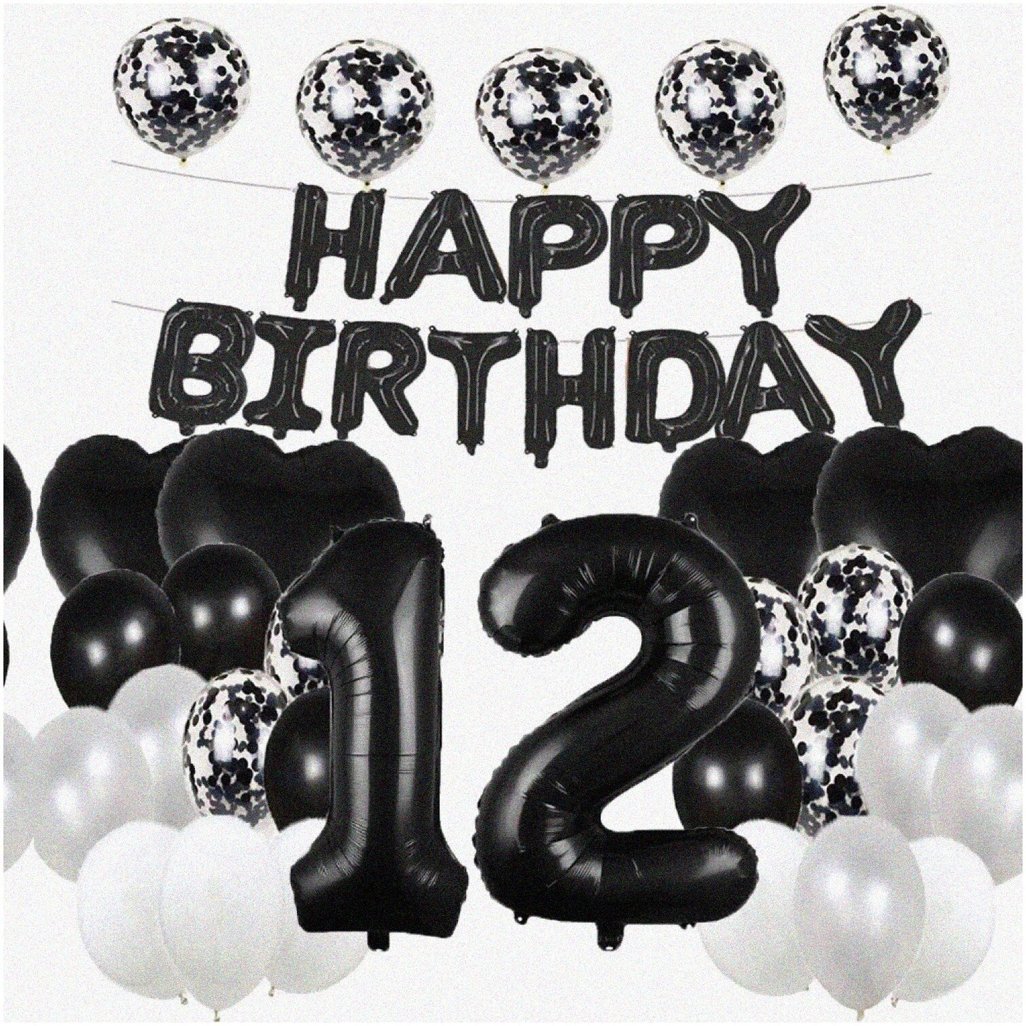 Black 12 Balloons and Latex Balloon Set for 12th Birthday