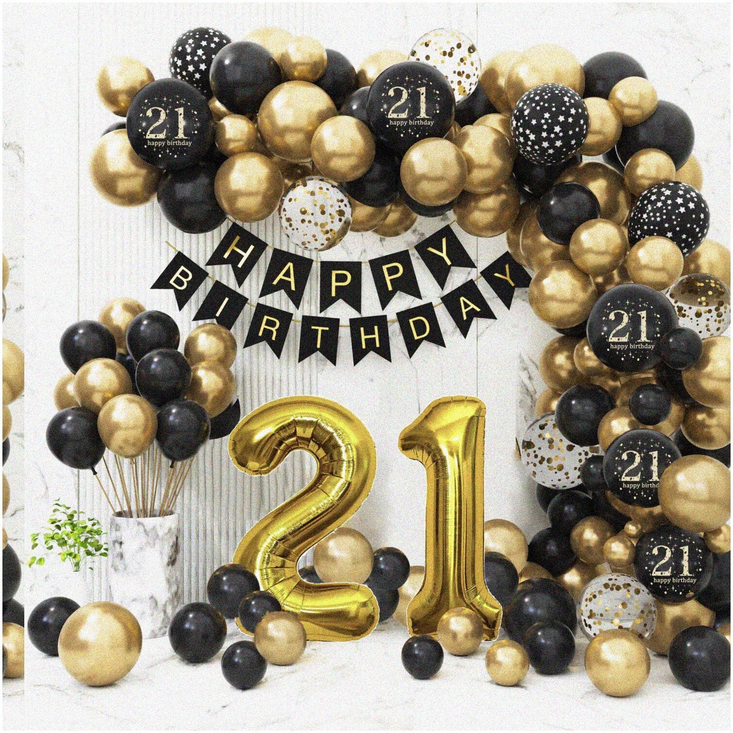 Black and Gold 21st Birthday Balloon Set with Banner