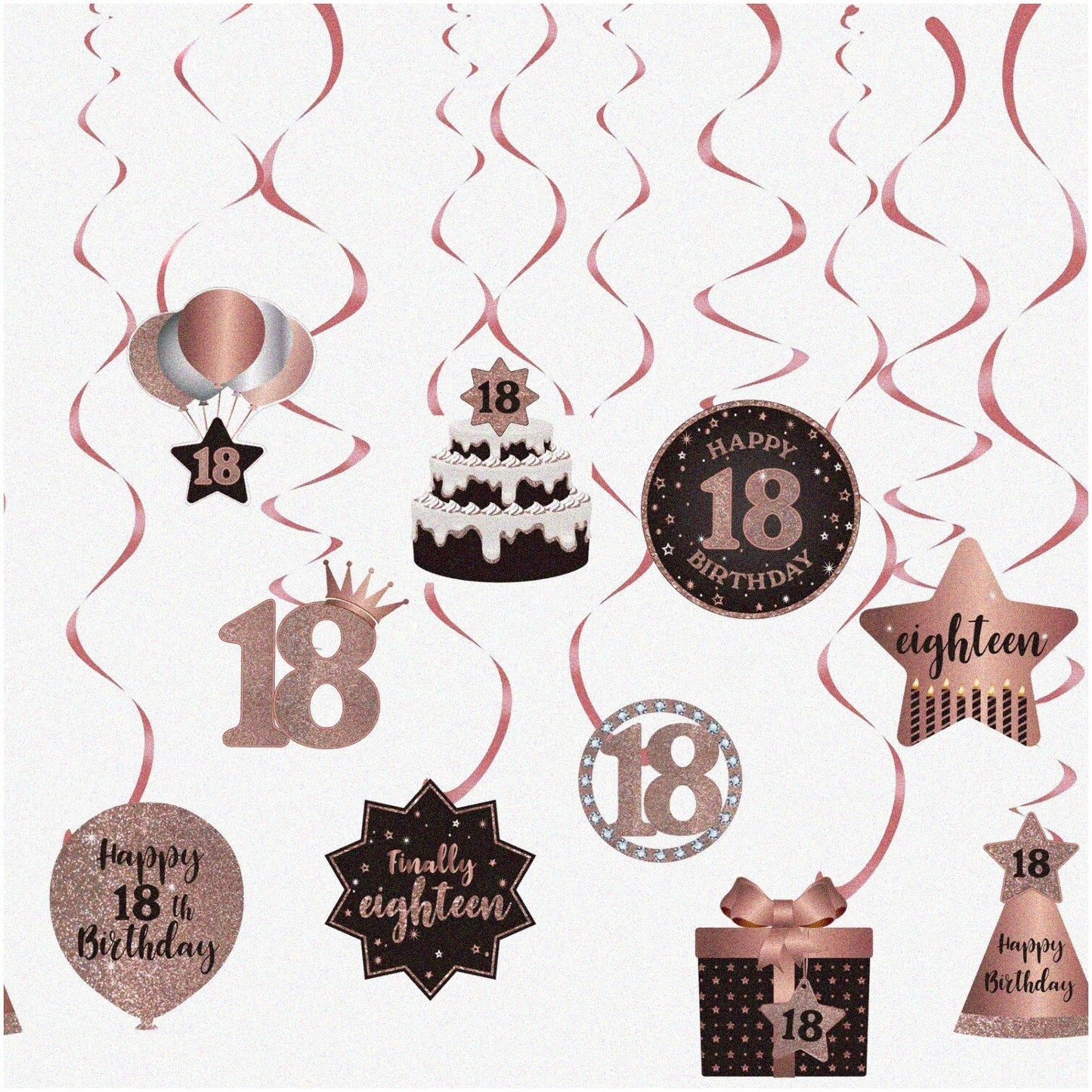 Pink and Gold 18th Birthday Swirl Decorations, 10 Pack