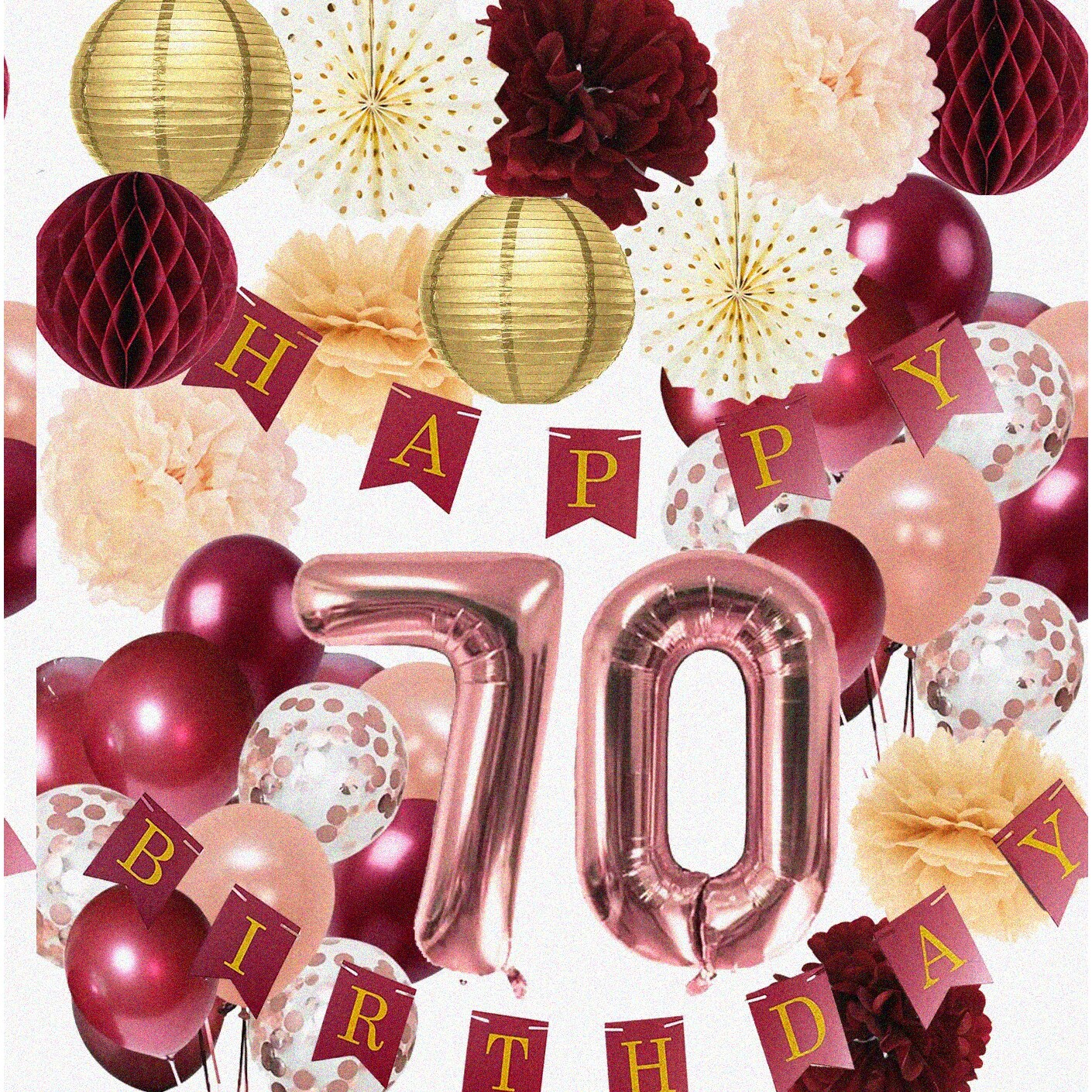 Burgundy Rose Gold 70th Birthday Decorations Set