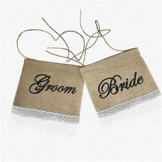 Burlap Bride & Groom Chair Signs 9" x 9"