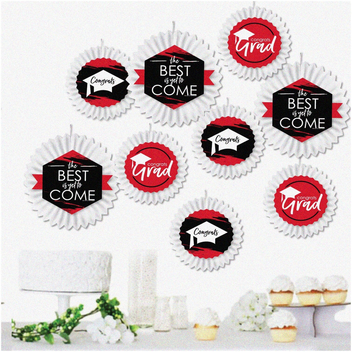 Red Graduation Fan Kit with 9 Paper Fans and 18 Cut-outs
