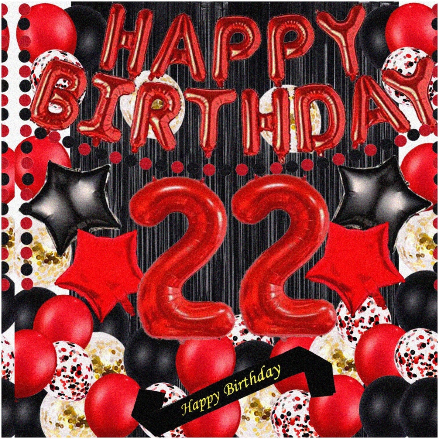 Red 22nd Birthday Party Kit with Balloons, Sash, Curtains