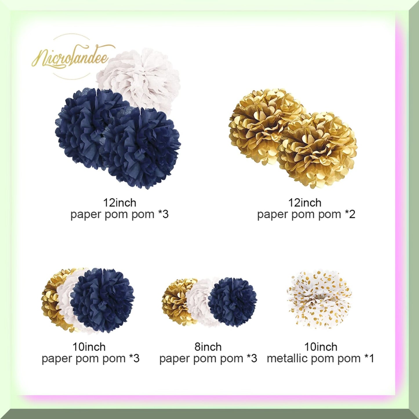 12 pcs Navy Blue and Gold Tissue Paper Pom Poms