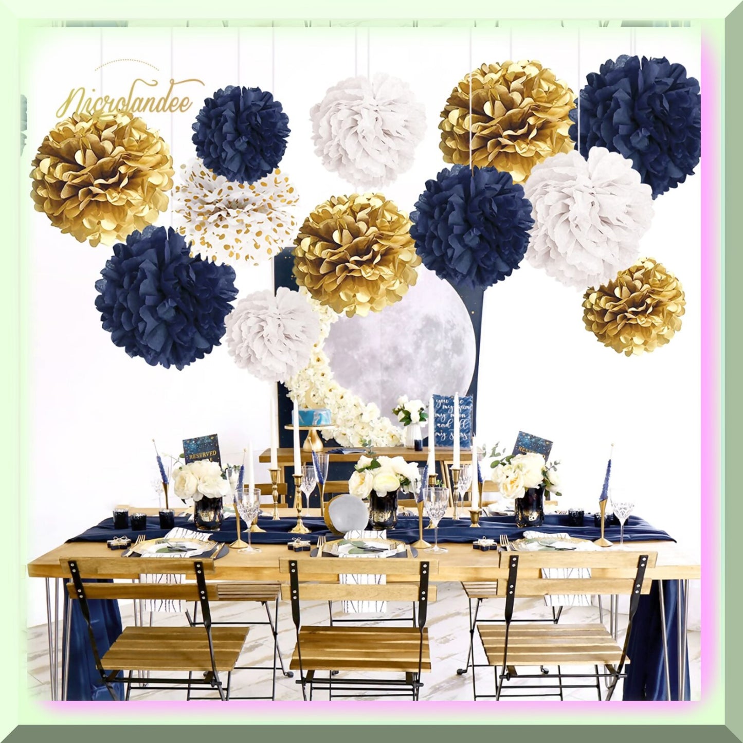 12 pcs Navy Blue and Gold Tissue Paper Pom Poms