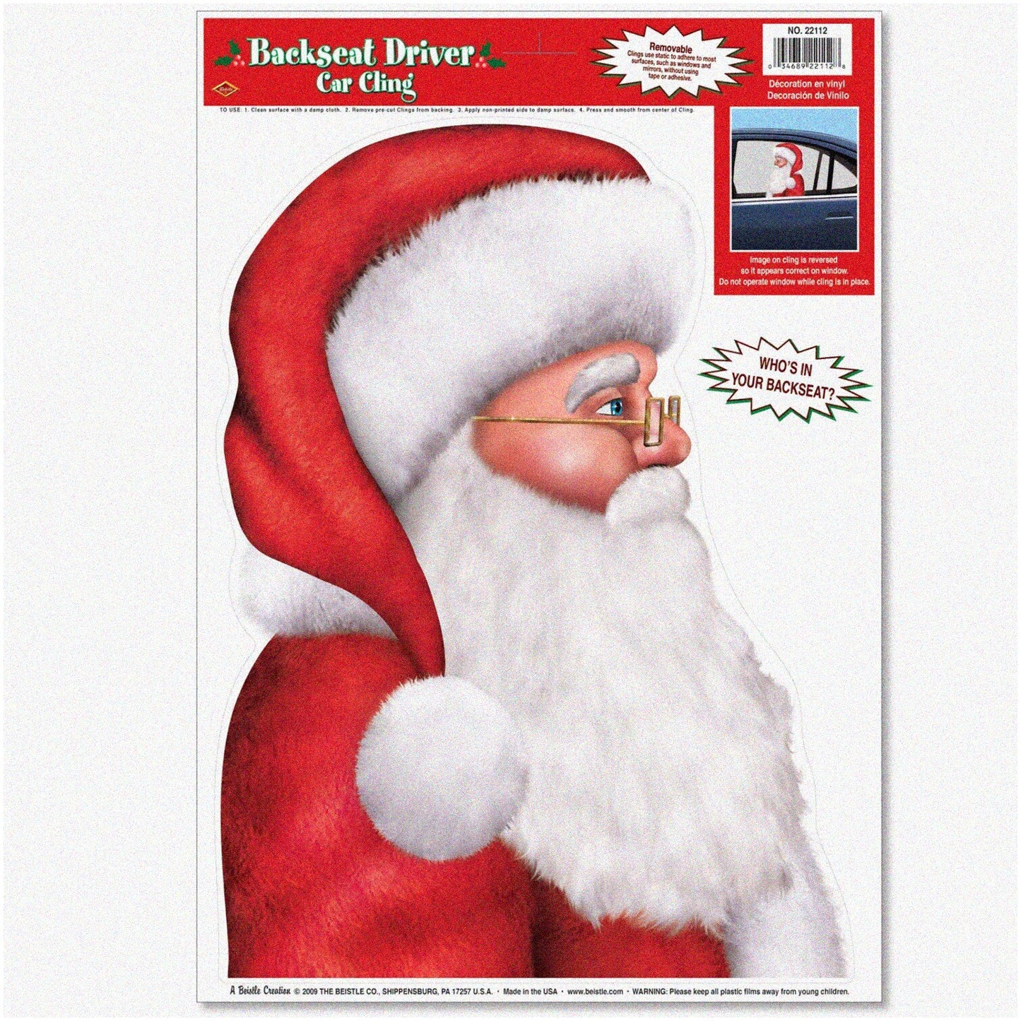 Santa Claus Car Window Cling 17x11 inches