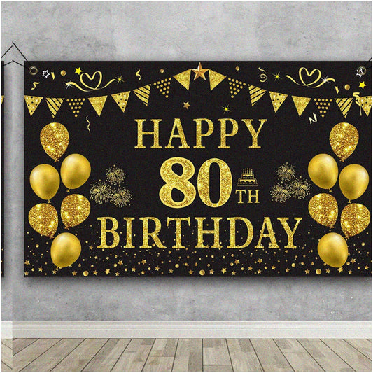80th Birthday Backdrop Black and Gold 5.9 x 3.6 ft