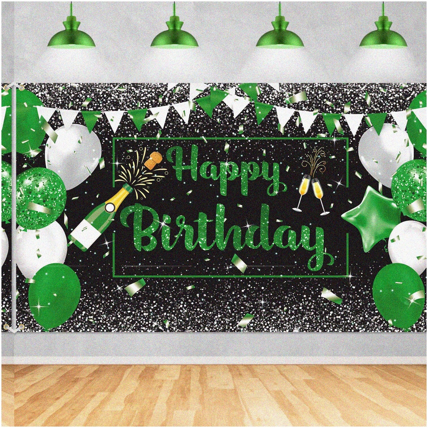 Green Silver Black Birthday Banner Backdrop and Balloons Kit