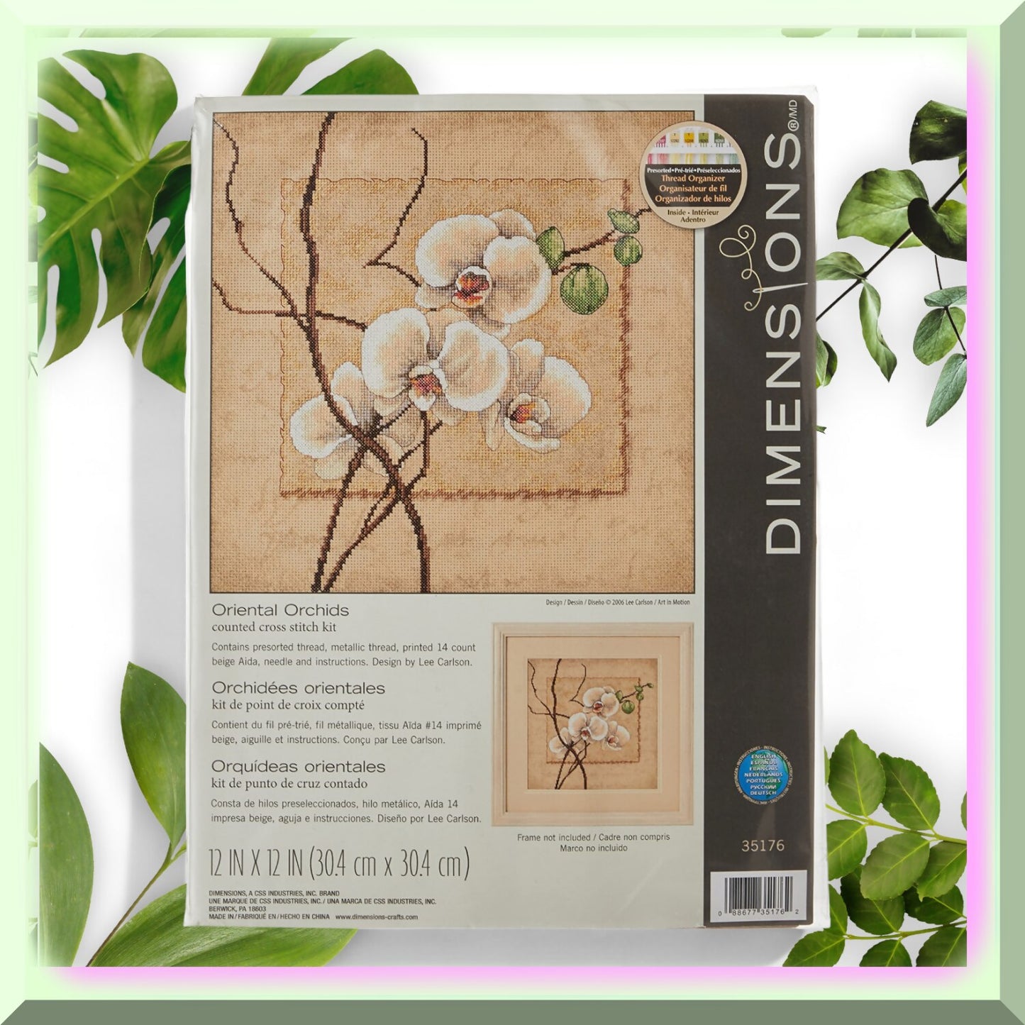 Oriental Orchids Cross Stitch Kit with Beige Aida and Metallic Thread