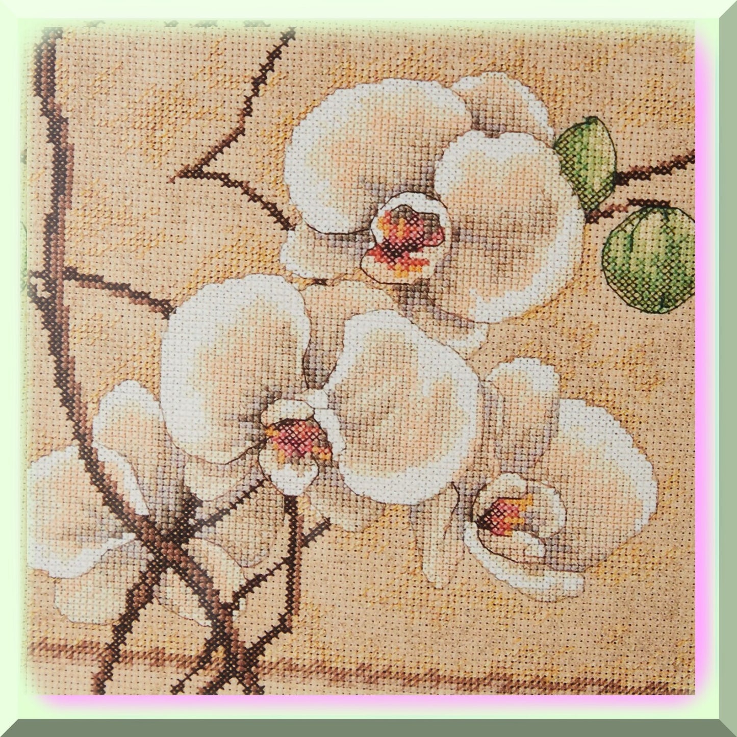 Oriental Orchids Cross Stitch Kit with Beige Aida and Metallic Thread