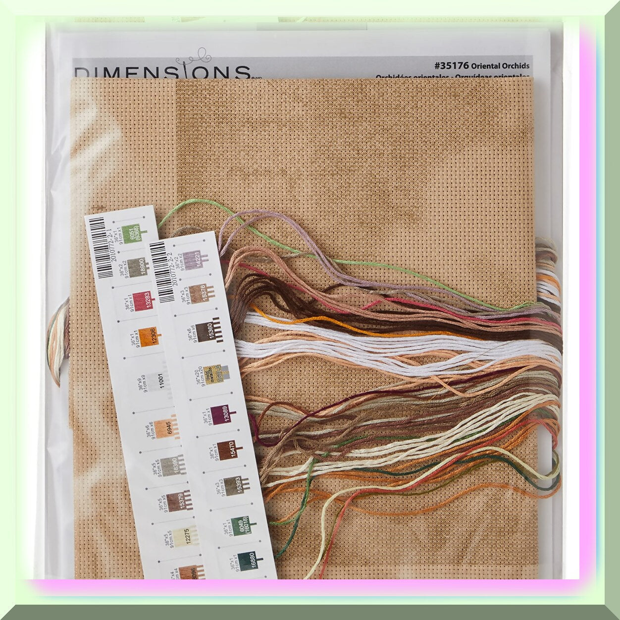 Oriental Orchids Cross Stitch Kit with Beige Aida and Metallic Thread
