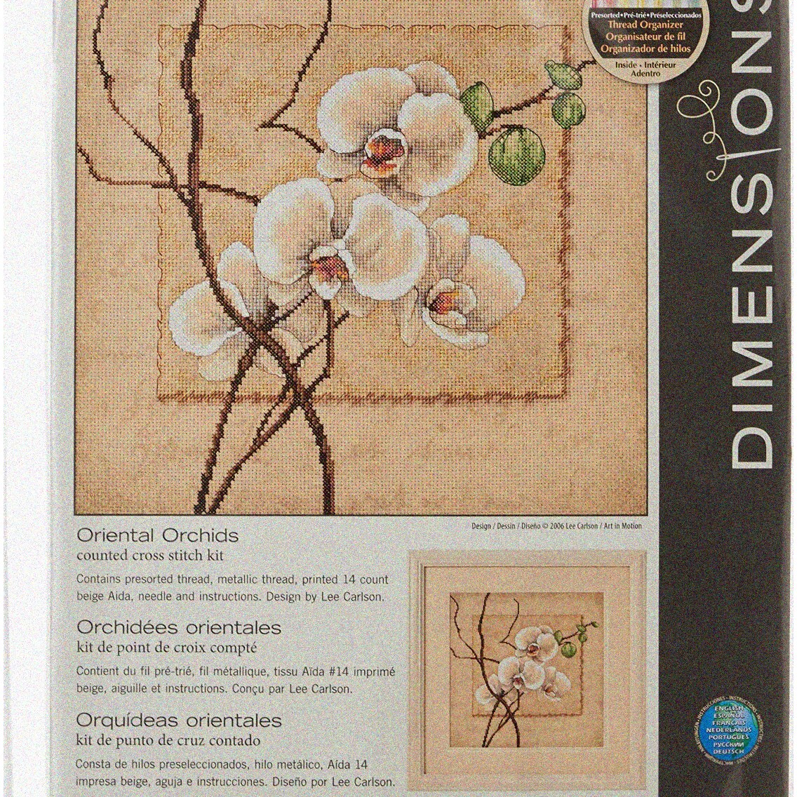 Oriental Orchids Cross Stitch Kit with Beige Aida and Metallic Thread