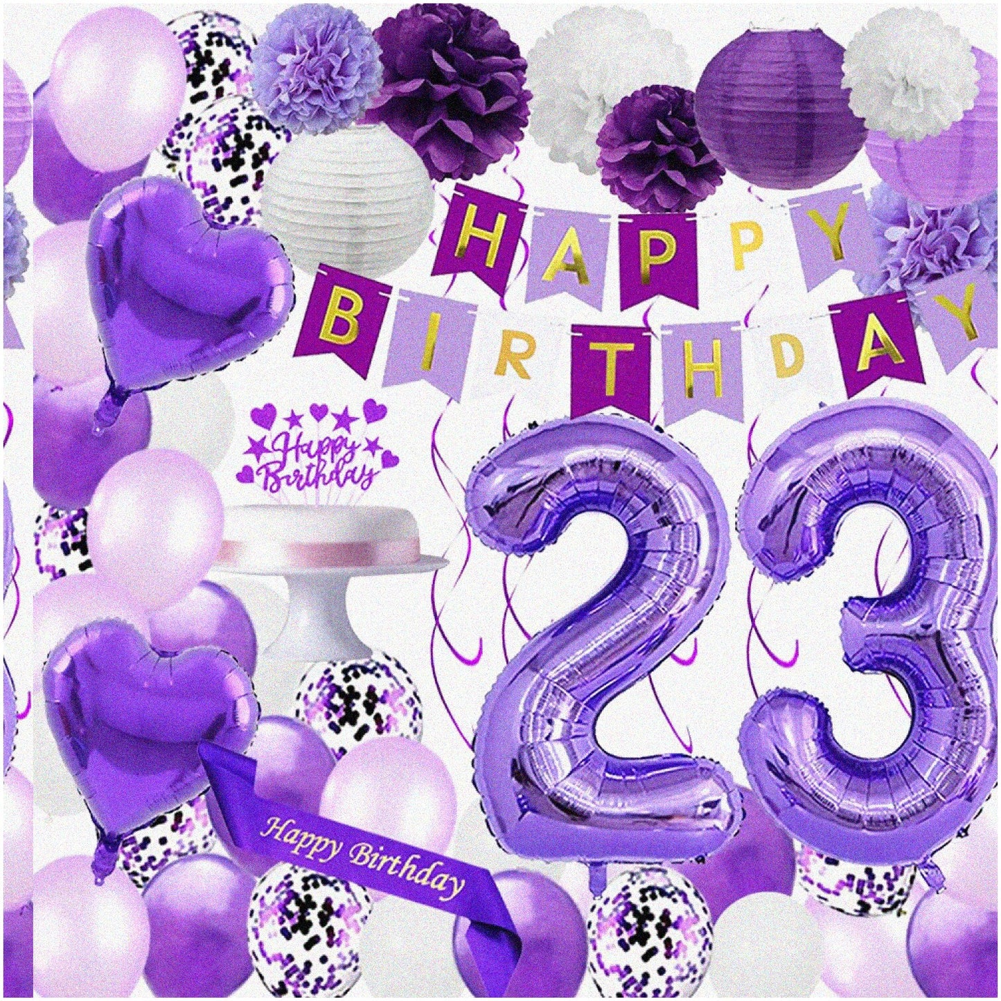 23rd Birthday Decor Set Purple White with Banner Sash Balloons