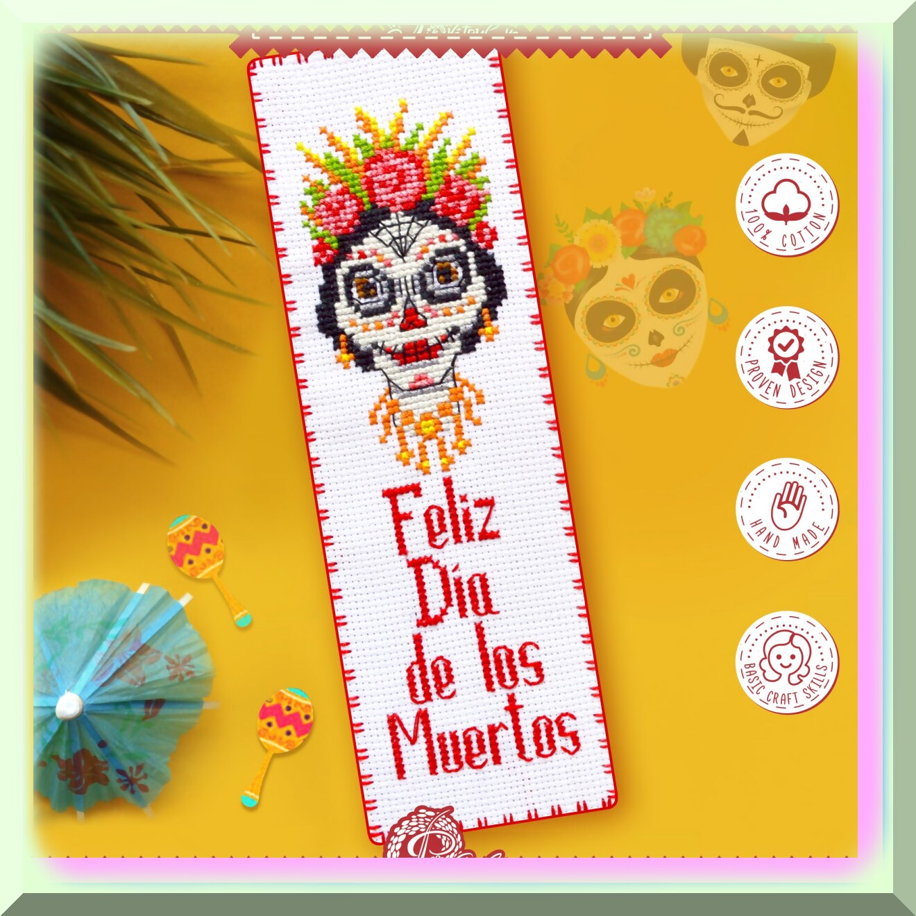 DIY Day of the Dead Bookmark Kit with Aida Canvas and Presorted Floss