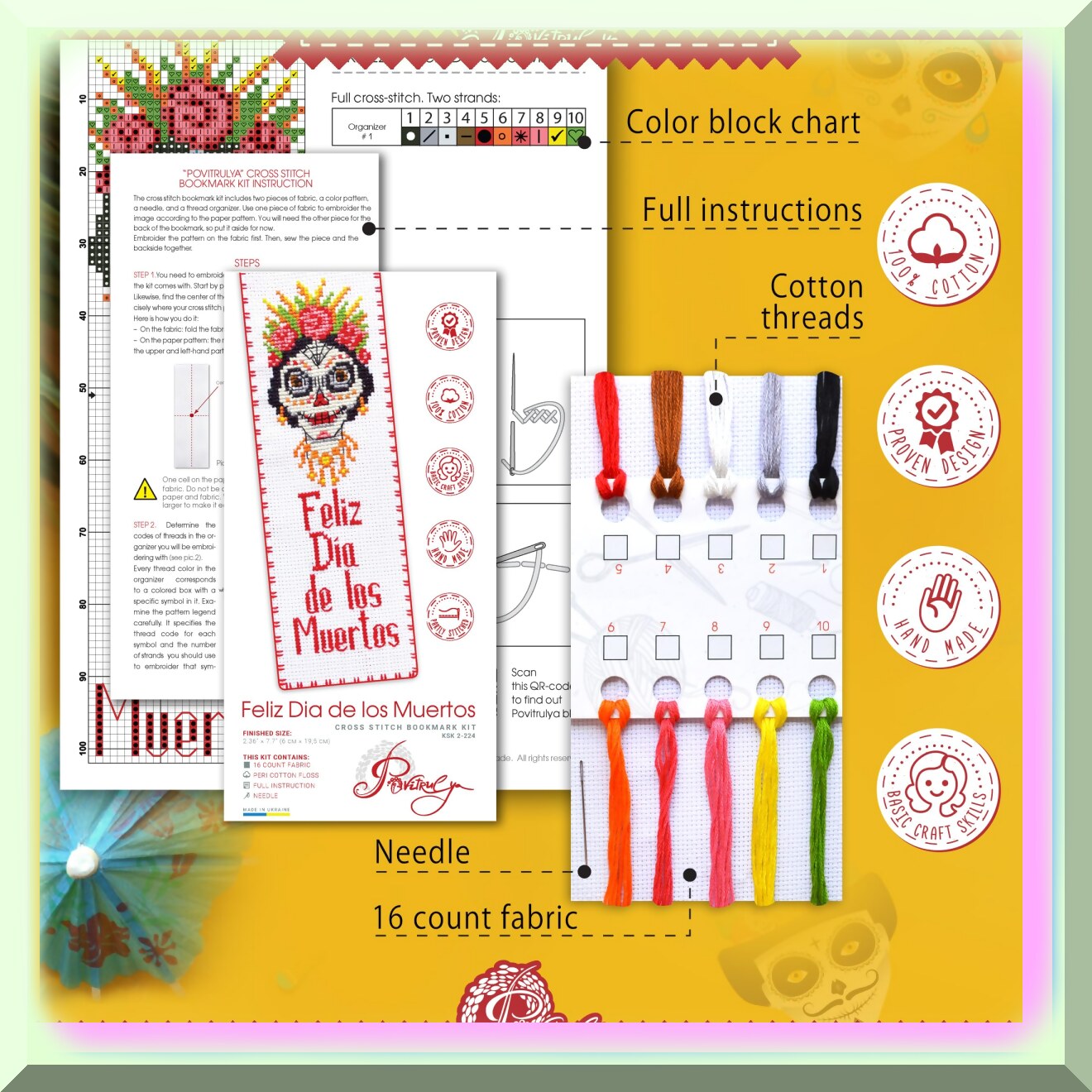 DIY Day of the Dead Bookmark Kit with Aida Canvas and Presorted Floss