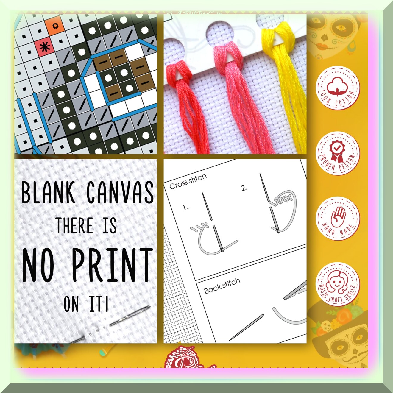 DIY Day of the Dead Bookmark Kit with Aida Canvas and Presorted Floss
