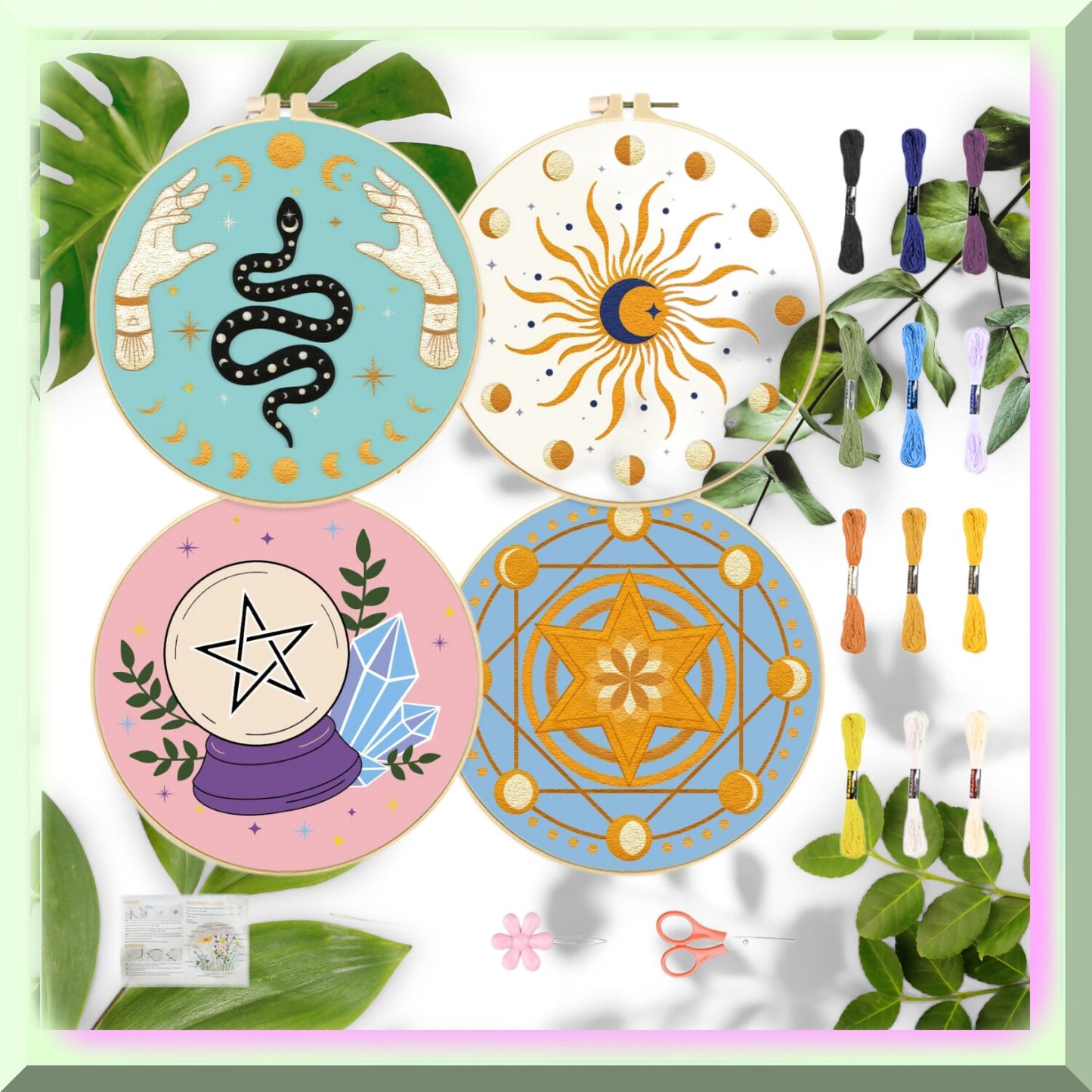 Beginner's Tarot Embroidery Kit with Patterns, Hoops, Floss, and Tools
