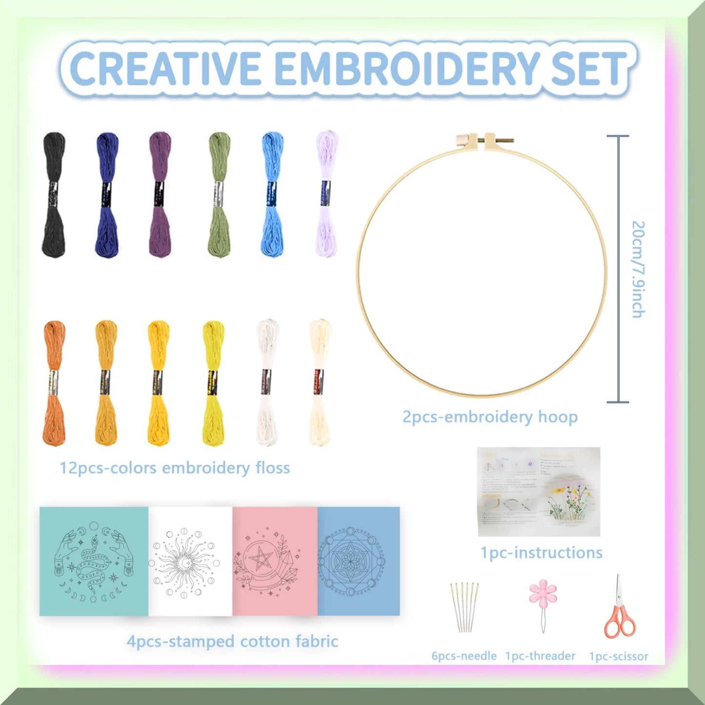 Beginner's Tarot Embroidery Kit with Patterns, Hoops, Floss, and Tools