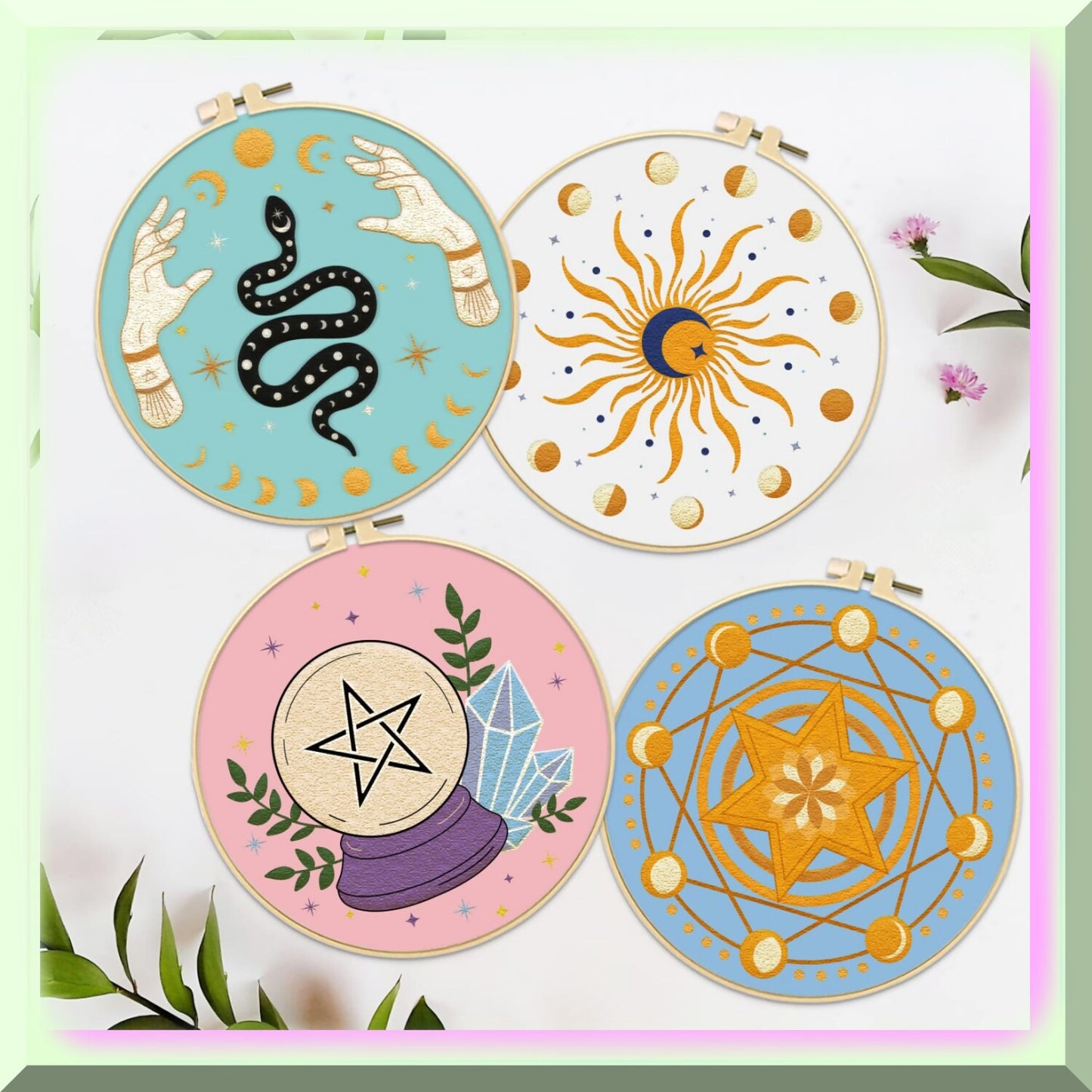 Beginner's Tarot Embroidery Kit with Patterns, Hoops, Floss, and Tools