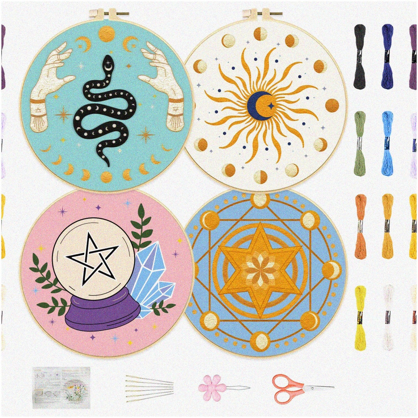 Beginner's Tarot Embroidery Kit with Patterns, Hoops, Floss, and Tools