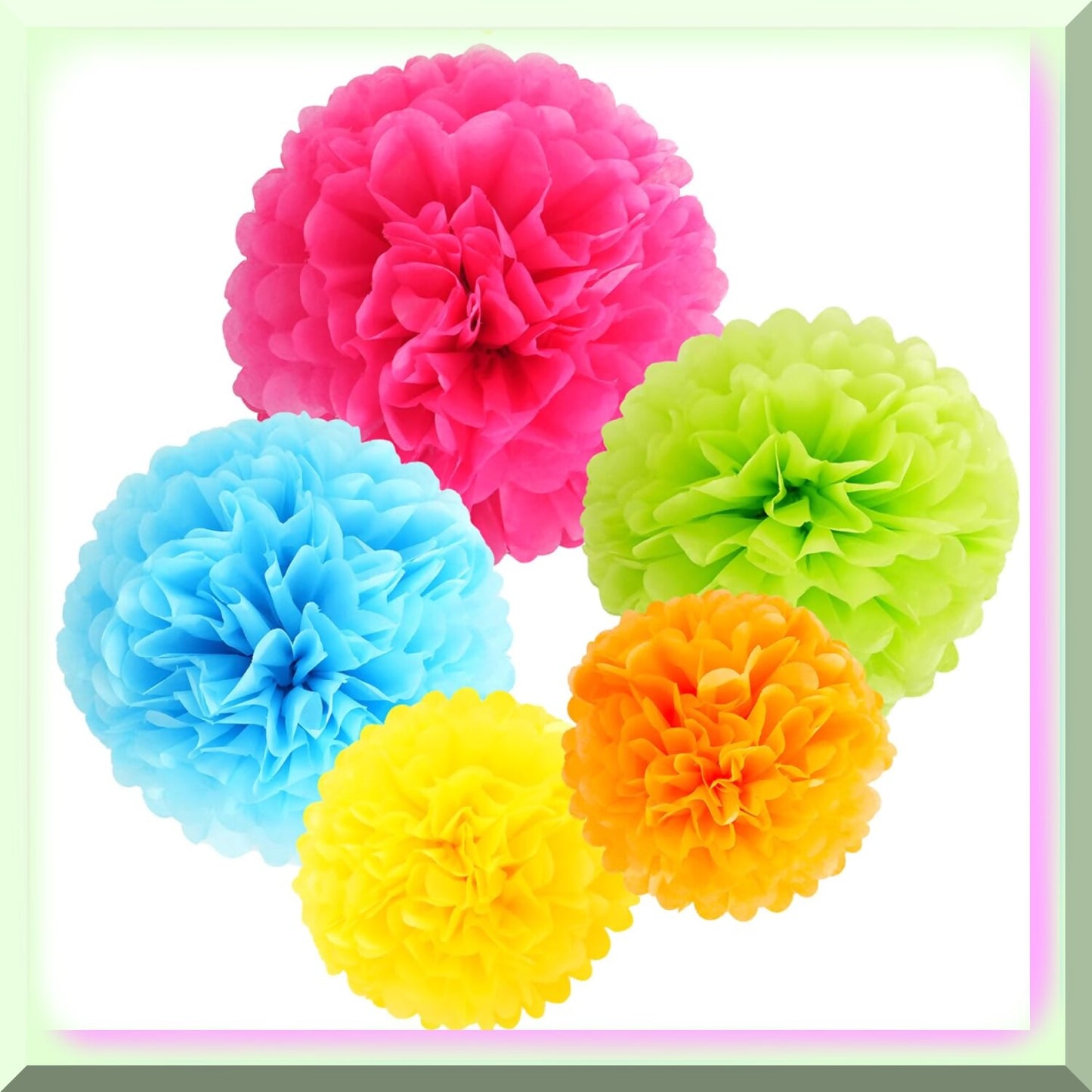 15 Assorted Paper Pom Poms, 10-14 Inches, Rainbow Colors