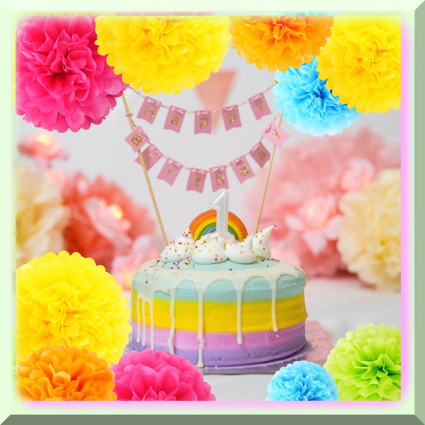 15 Assorted Paper Pom Poms, 10-14 Inches, Rainbow Colors