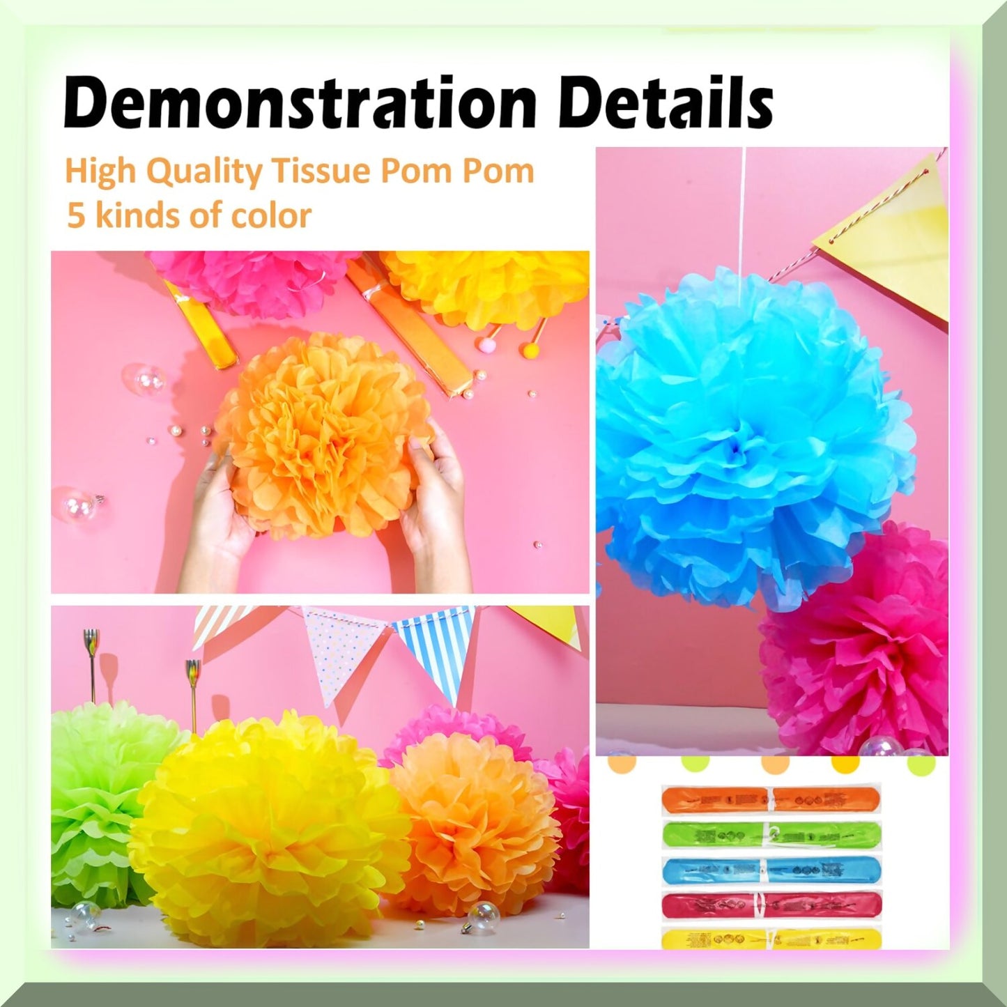 15 Assorted Paper Pom Poms, 10-14 Inches, Rainbow Colors