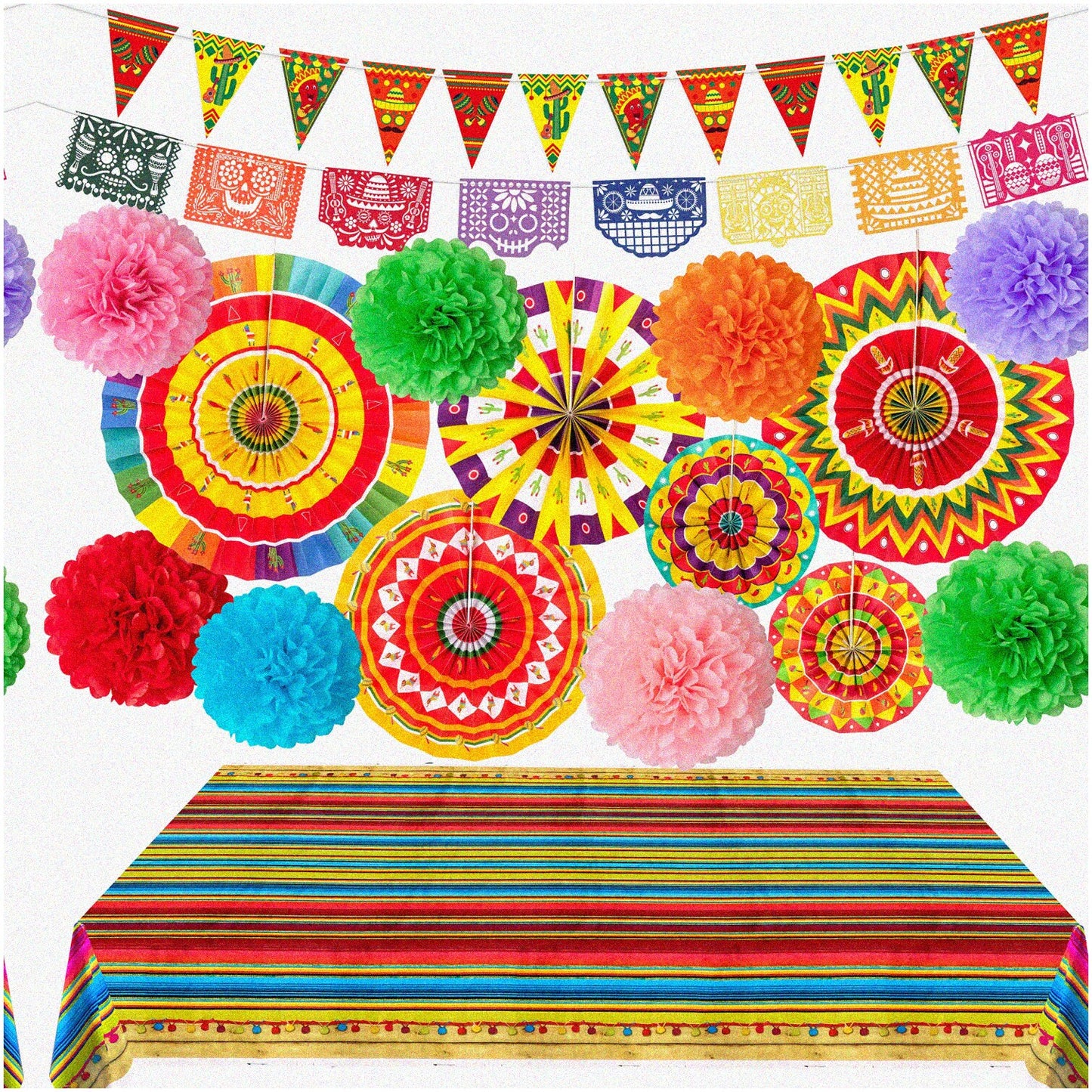 Fiesta Party Pack with Paper Fans Pom Poms Banner